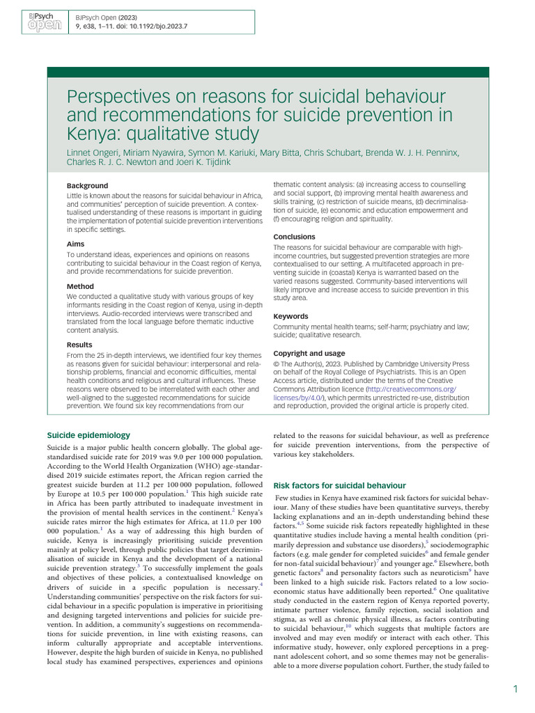 Suicide Behavior Insights and Prevention in Kenya | PDF | Suicide ...