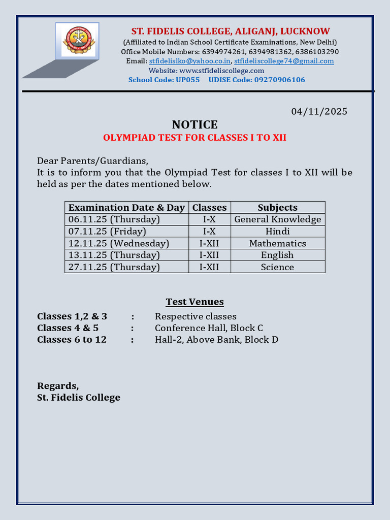 Notice For Olympiad Test For Classes I To XII | PDF