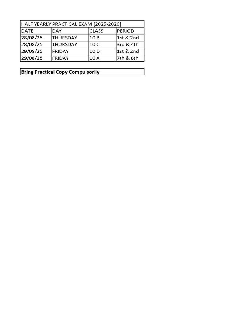2025-2026 Half Yearly Exam Schedule | PDF