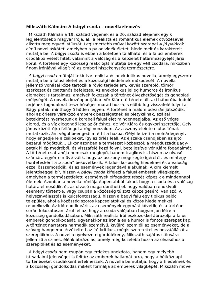 Mikszáth Kálmán A Bágyi Csoda Novellaelemzése | PDF