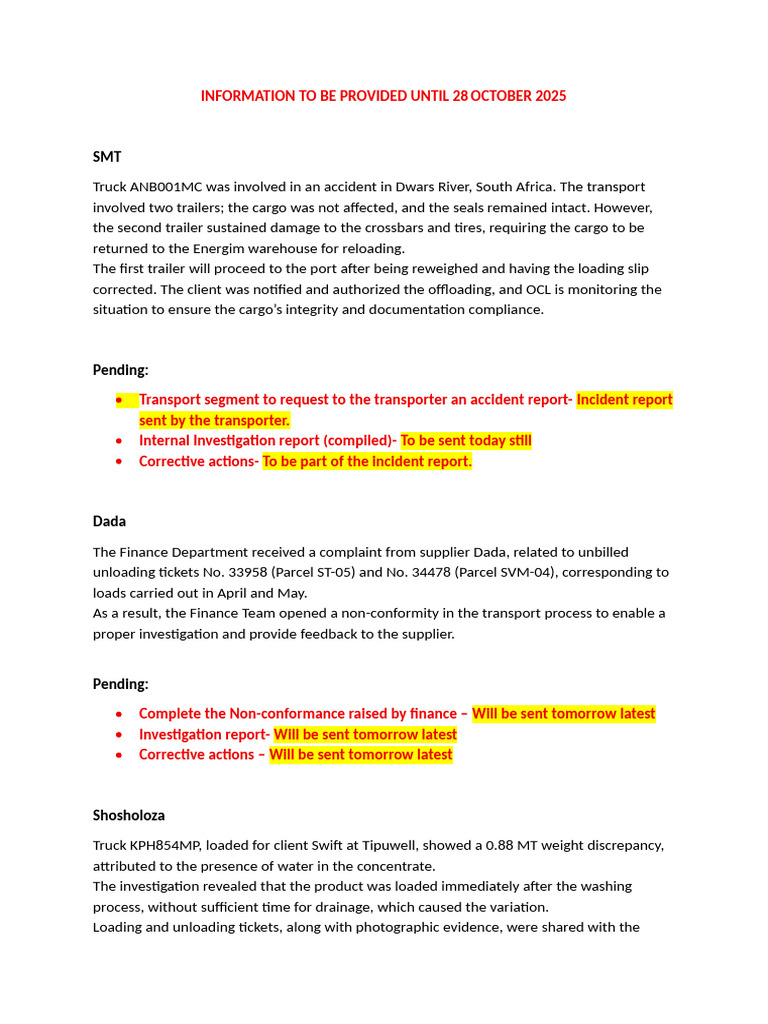 DRC MPREG Incident Reports Summary | PDF | Cargo | Transport