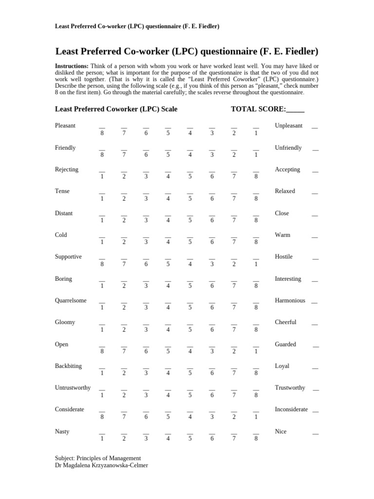 LPC Questionnaire Overview | PDF | Workplace | Popular Psychology