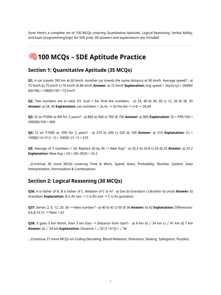 100 MCQs for SDE Aptitude Prep | PDF