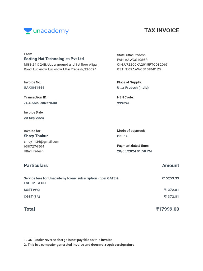 Tax Invoice for Unacademy Subscription | PDF