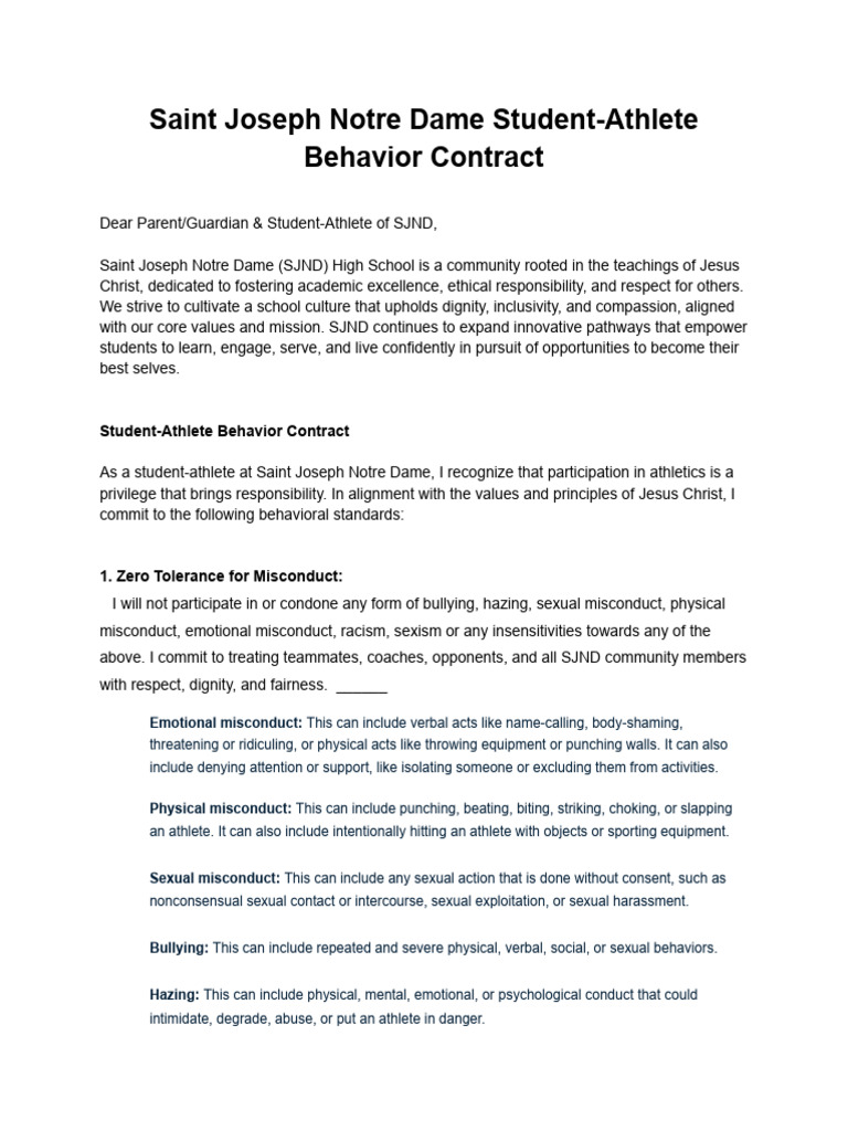 SJND Student-Athlete Behavior Contract | PDF | Social Psychology ...