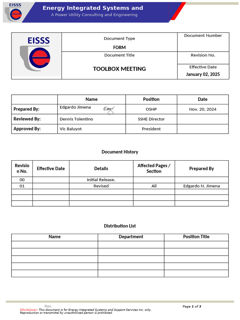 SHE-FRM-003 Toolbox Meeting Form | PDF