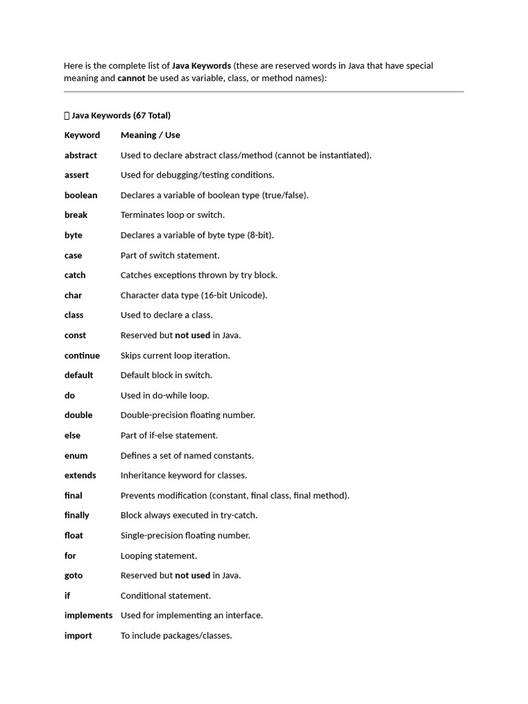 Java Keywords Cannot | PDF | Class (Computer Programming) | Control Flow