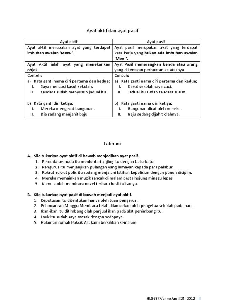 Ayat Aktif Dan Ayat Pasif Note Plus Latihan 9sc2 240412 Selasa