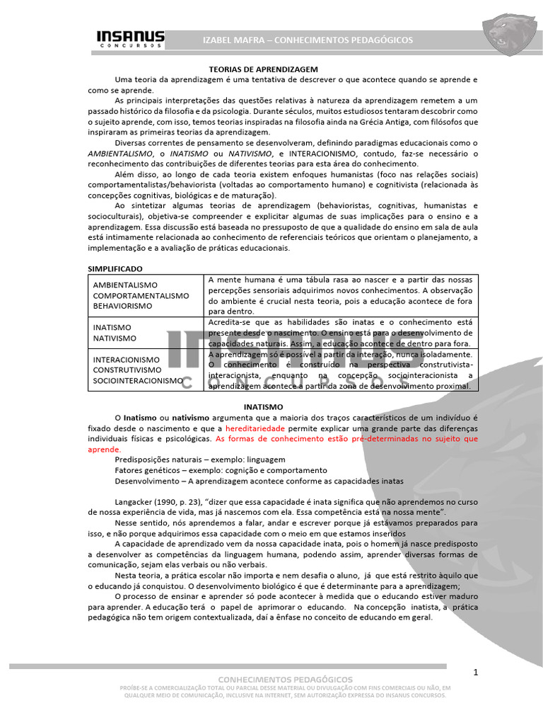 Teorias Da Aprendizagem | PDF | Aprendizado | Behaviorismo