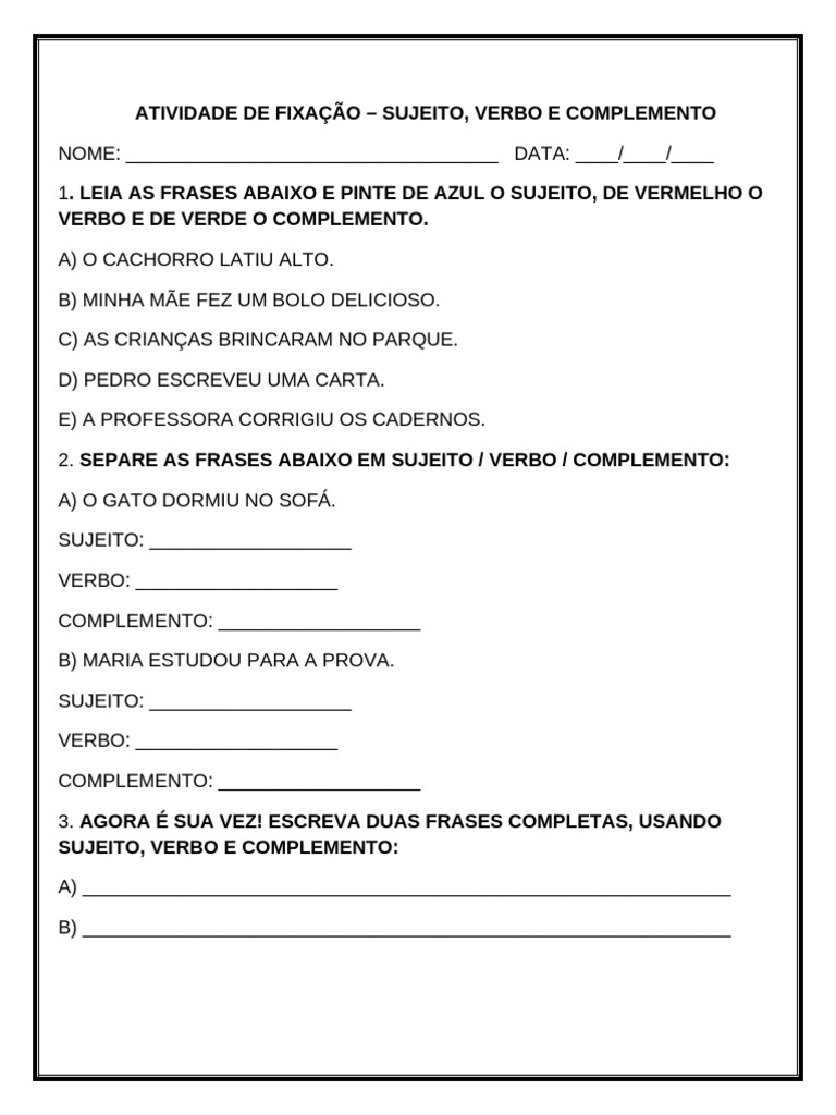 Atividade sobre Sujeito, Verbo e Complemento | PDF