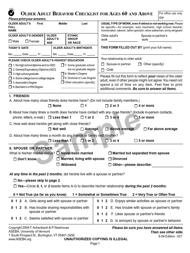 Older Adult Behavior Checklist | PDF | Pain | Vomiting