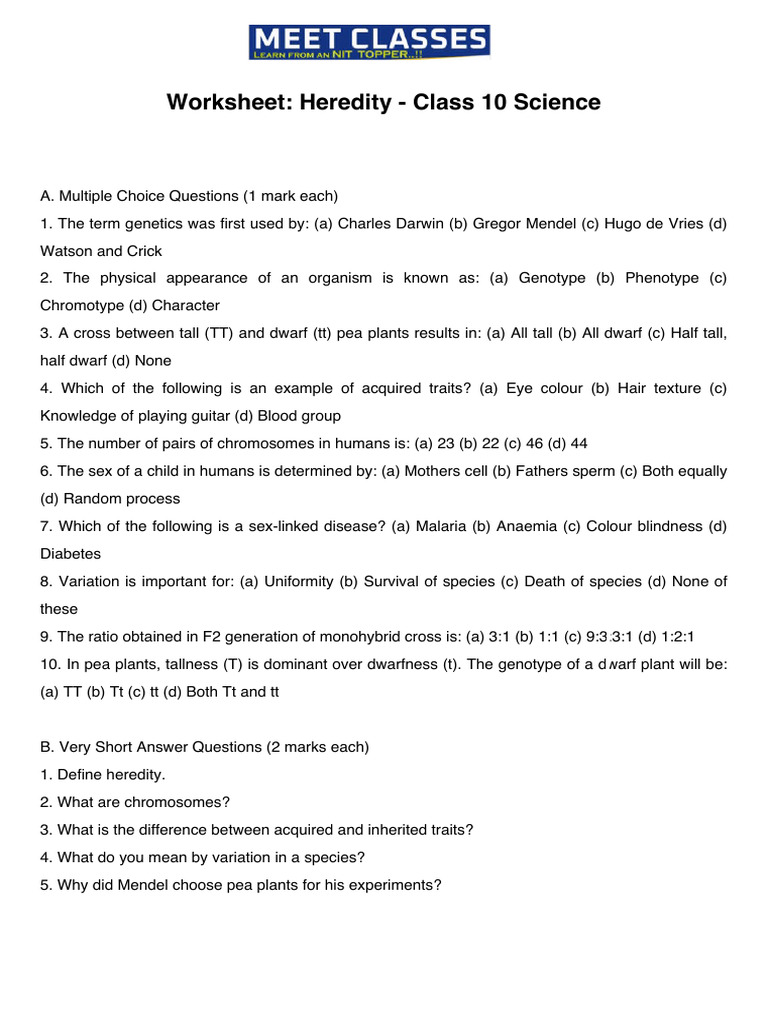 Class 10 Heredity Worksheet Guide | PDF | Dominance (Genetics ...