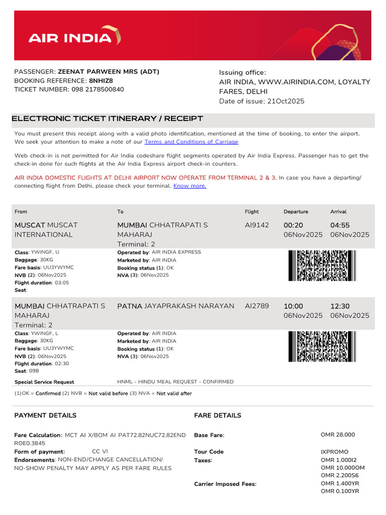 Air India Ticket Itinerary for Zeenat Parween | PDF