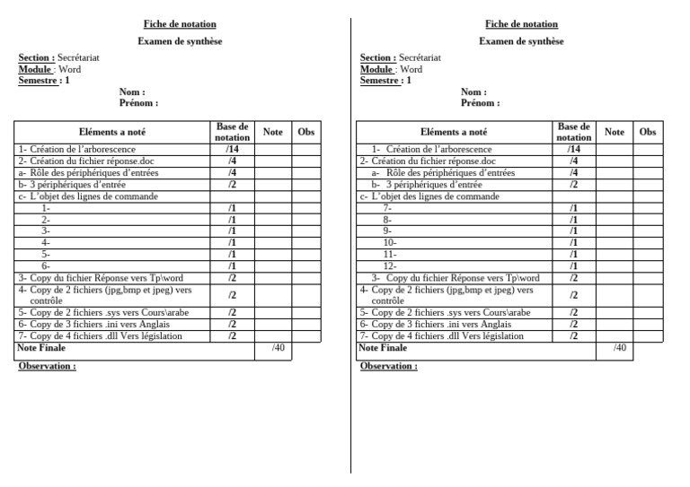 Fiche de Notation Examen Word Semestre 1 | PDF | Formats de fichier ...