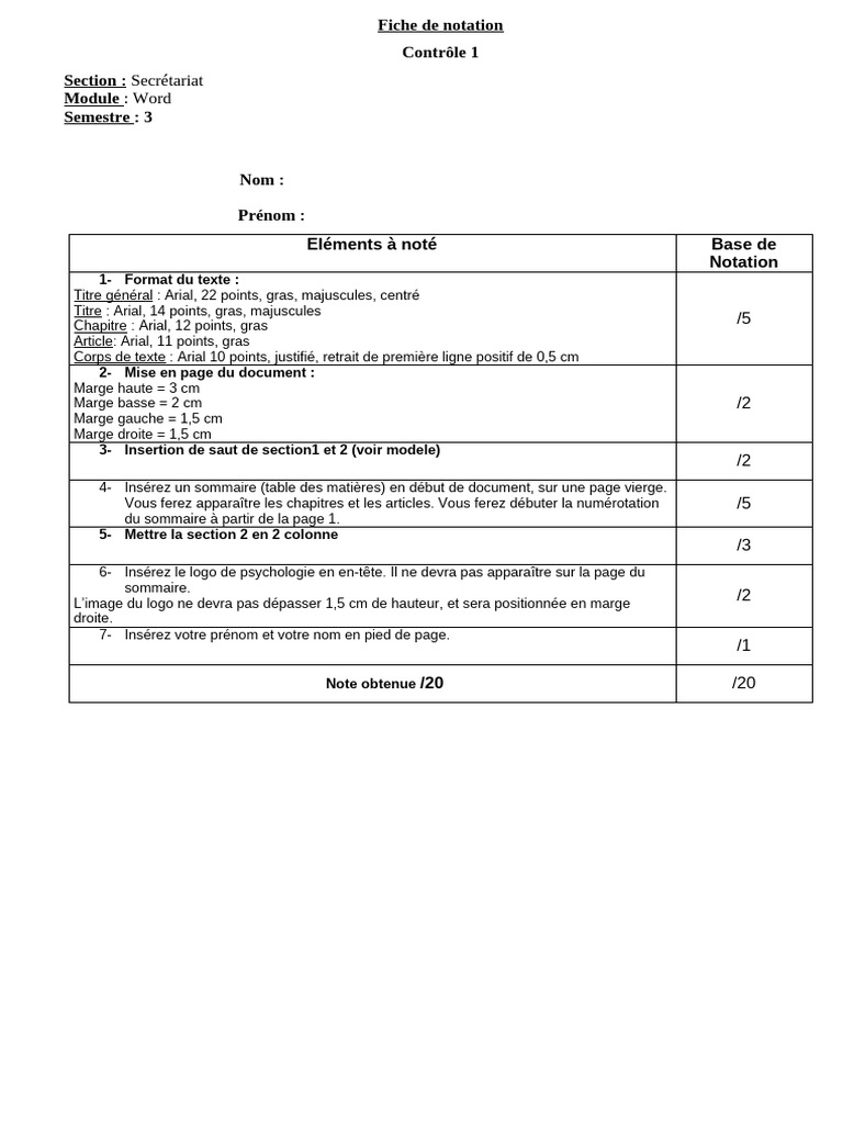 Fiche de Notation Contrôle Word Semestre 3 | PDF