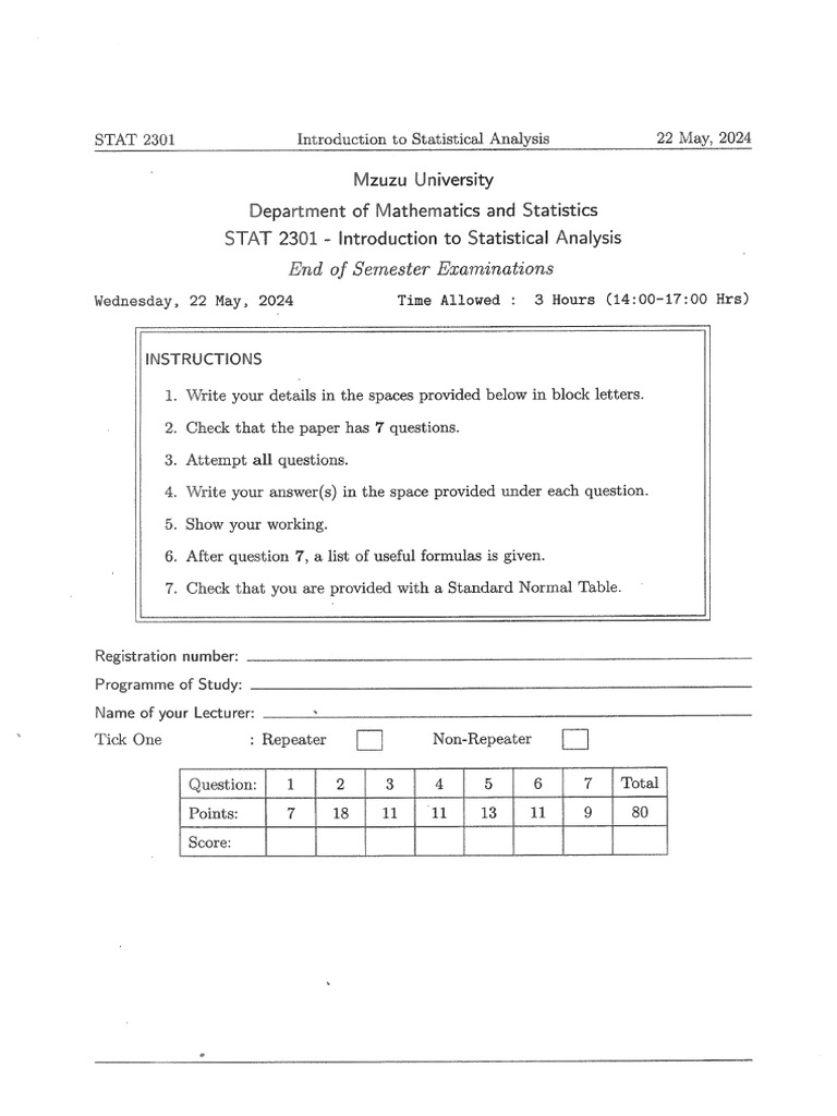 STAT 2301 Introduction To Statistical Analysis End of Semester ...