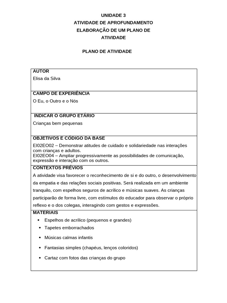 Prática de Ensino em Educação Infantil - Modelo Atividade III - Plano ...