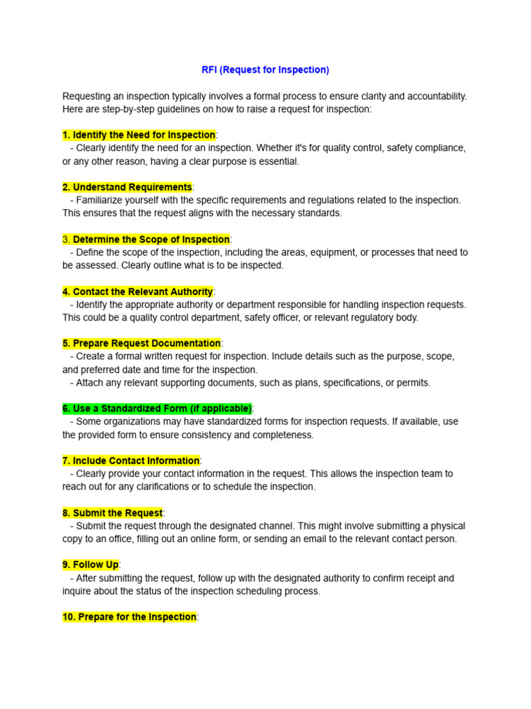 RFI Inspection Request Guidelines | PDF | Regulatory Compliance