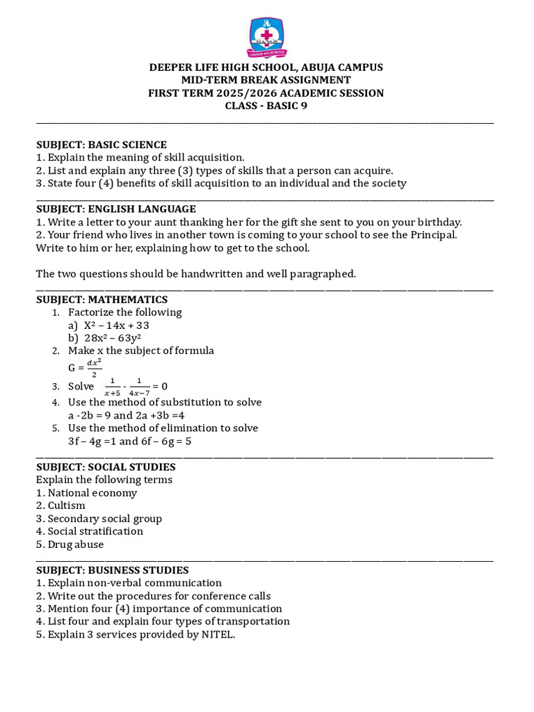 Mid-Term Break Assignment for Basic 9 | PDF