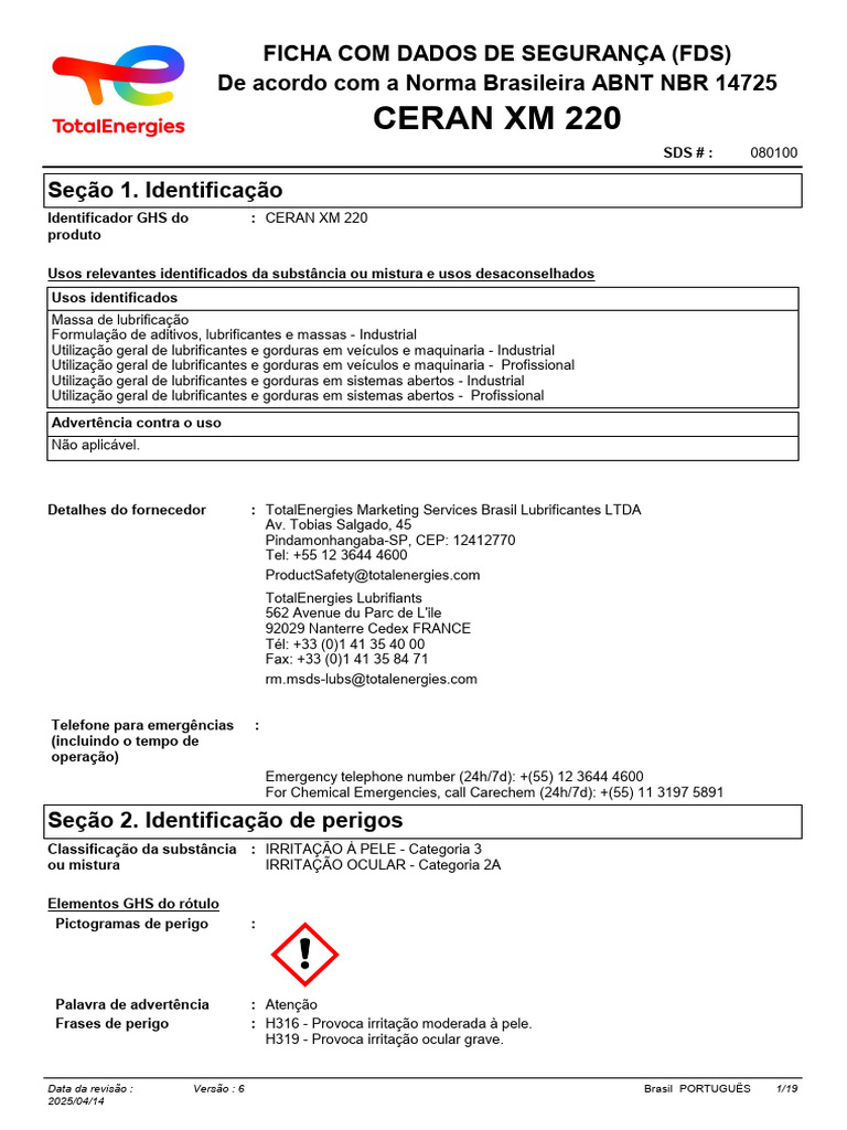 CERAN XM 220 080100 Brazil Portuguese 20250414 | PDF | Toxicidade | Vapor