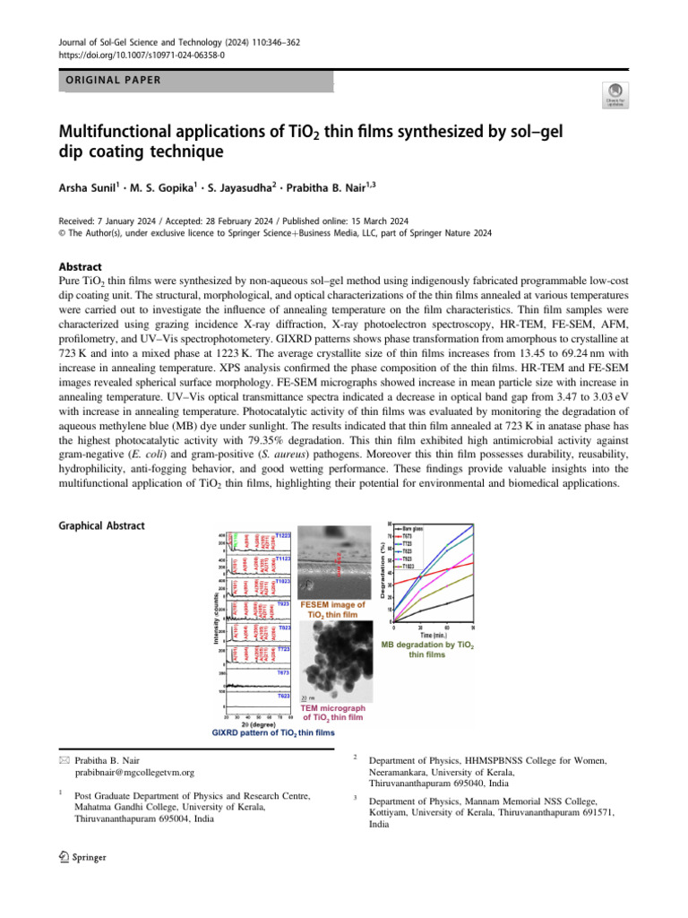 TiO2 Thin Films: Synthesis and Applications | PDF | Thin Film | X Ray ...