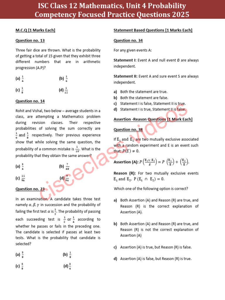 Probability Questions for ISC Class 12 | PDF | Probability ...