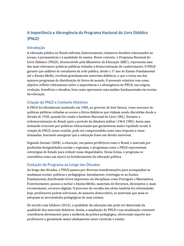 Importância do PNLD na Educação Brasileira | PDF | Pedagogia | Livro ...
