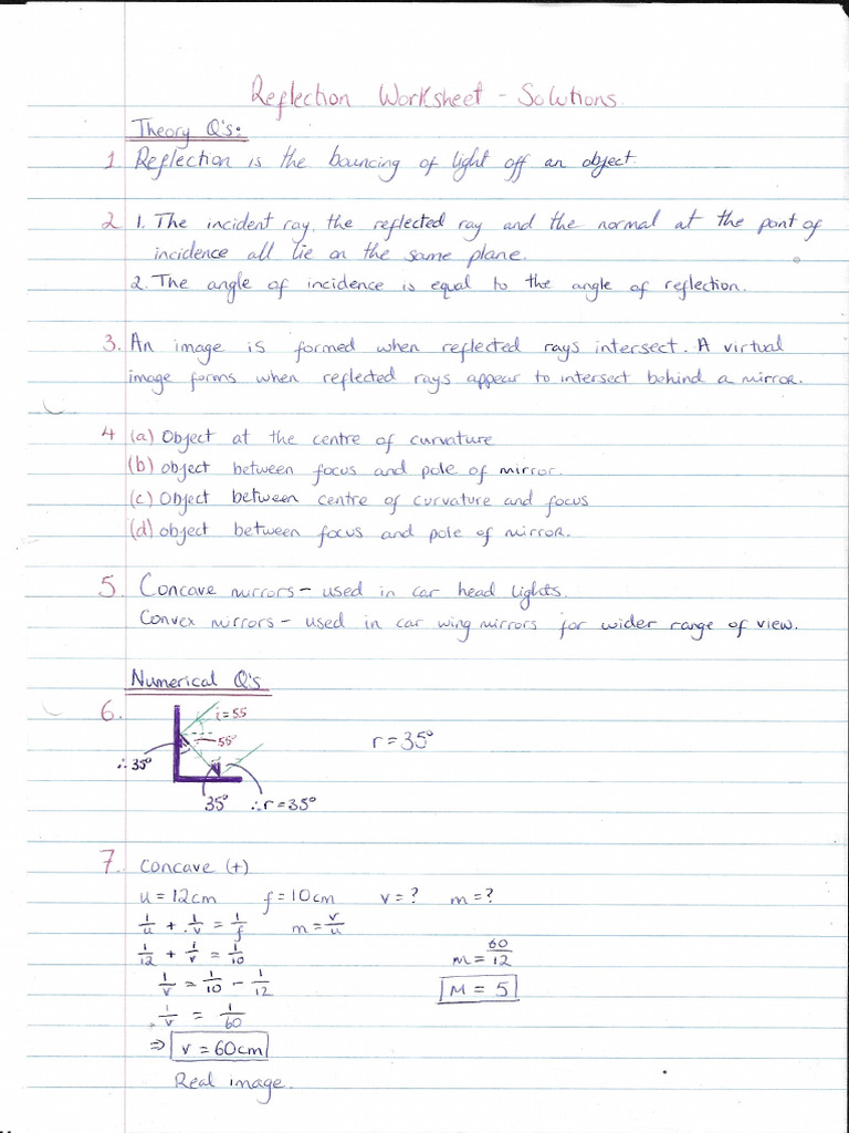 Reflection Worksheet Solutions | PDF