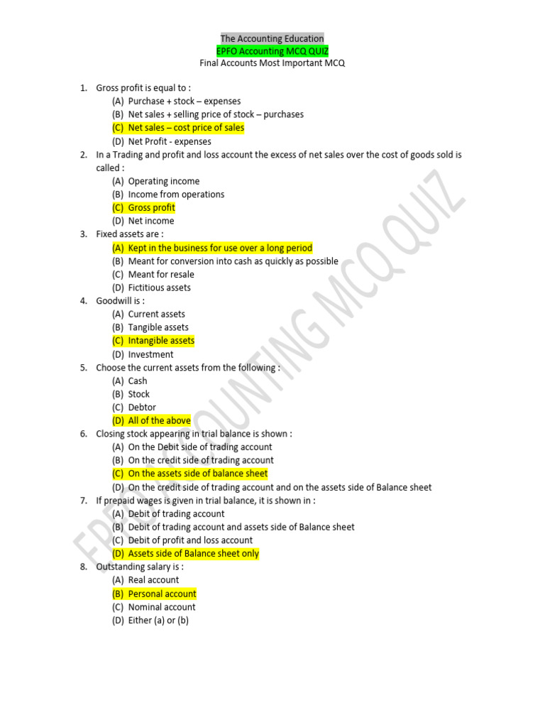 Final Accounts MCQ | PDF | Debits And Credits | Expense