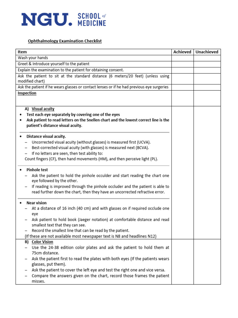 Ophthalmology Exam Checklist Guide | PDF | Visual Acuity | Face