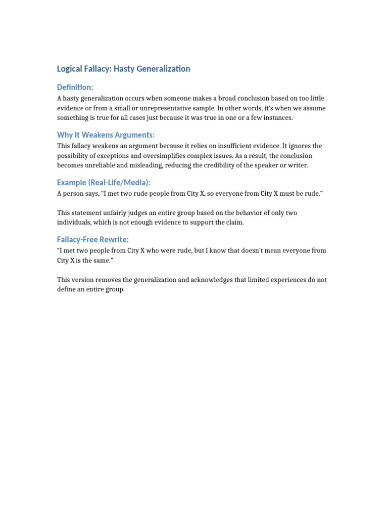 Logical Fallacy Hasty Generalization | PDF