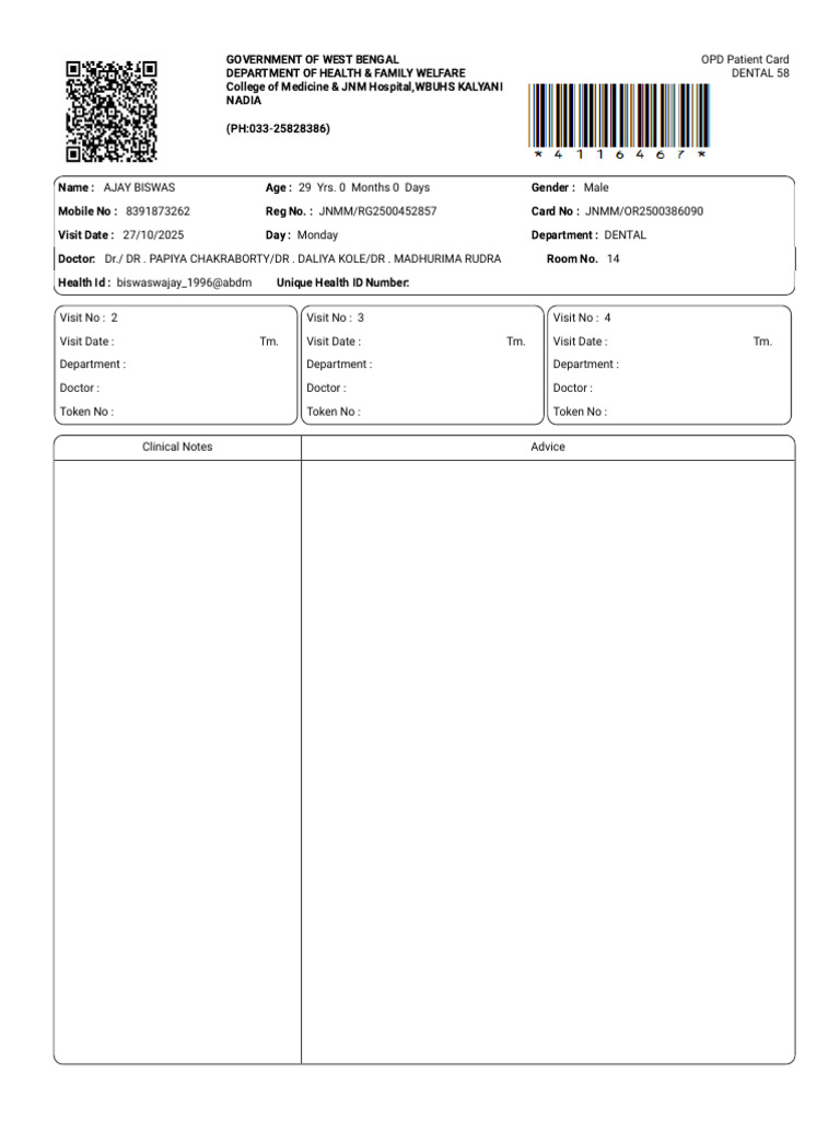 OPD Patient Card for Dental Visit | PDF
