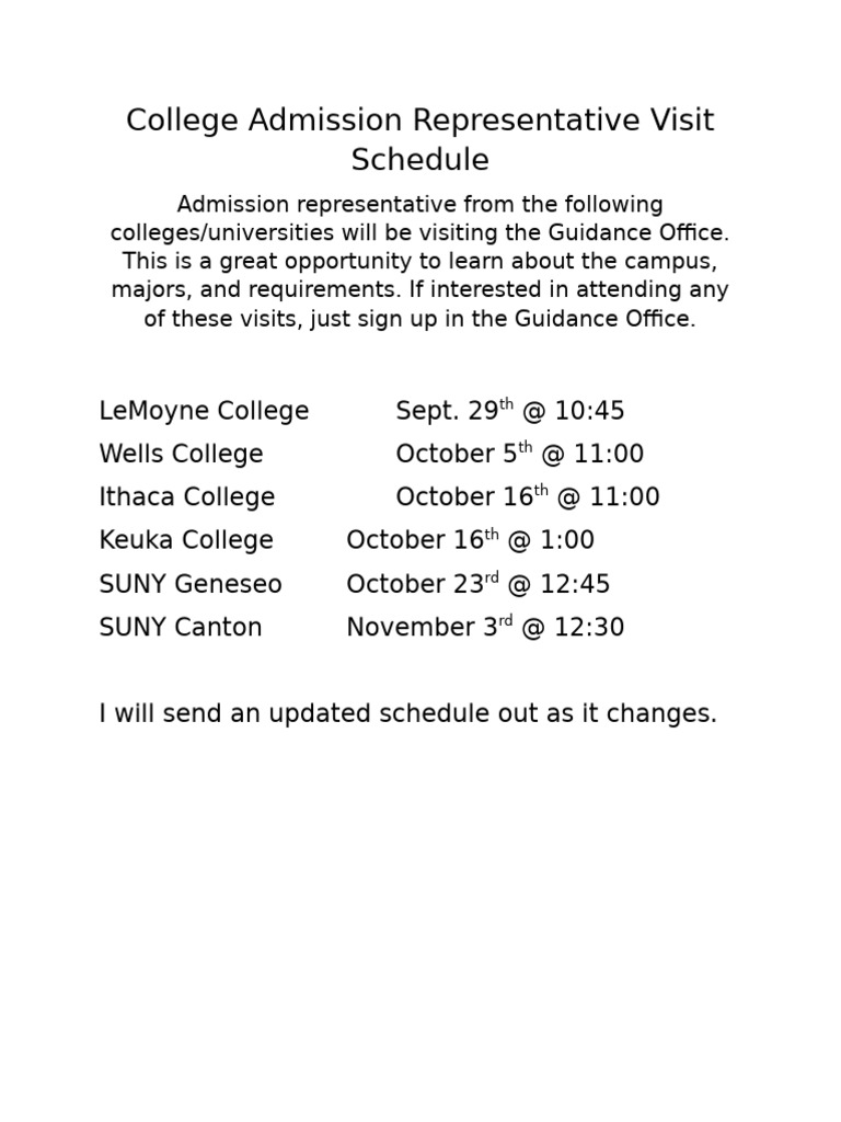 College Admission Representative Visit Schedule | PDF