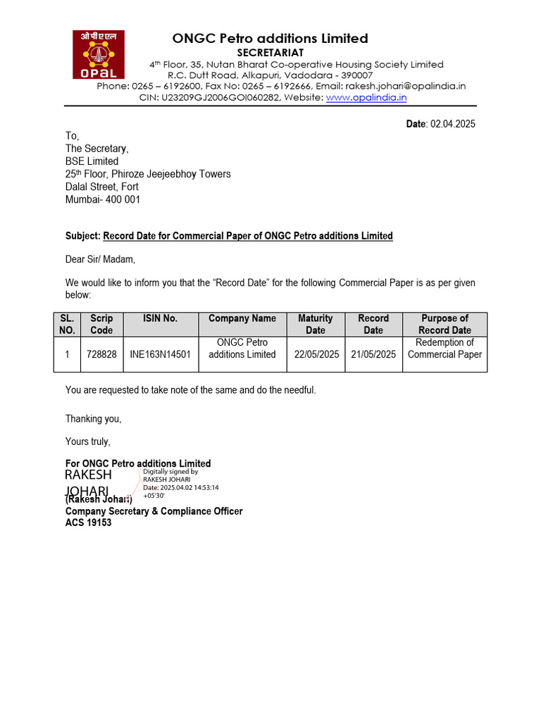 ONGC Petro Additions Record Date Notice | PDF