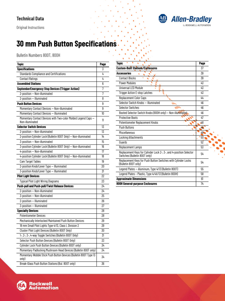 800T and 800H Push Button Specs | PDF | Switch | Mains Electricity