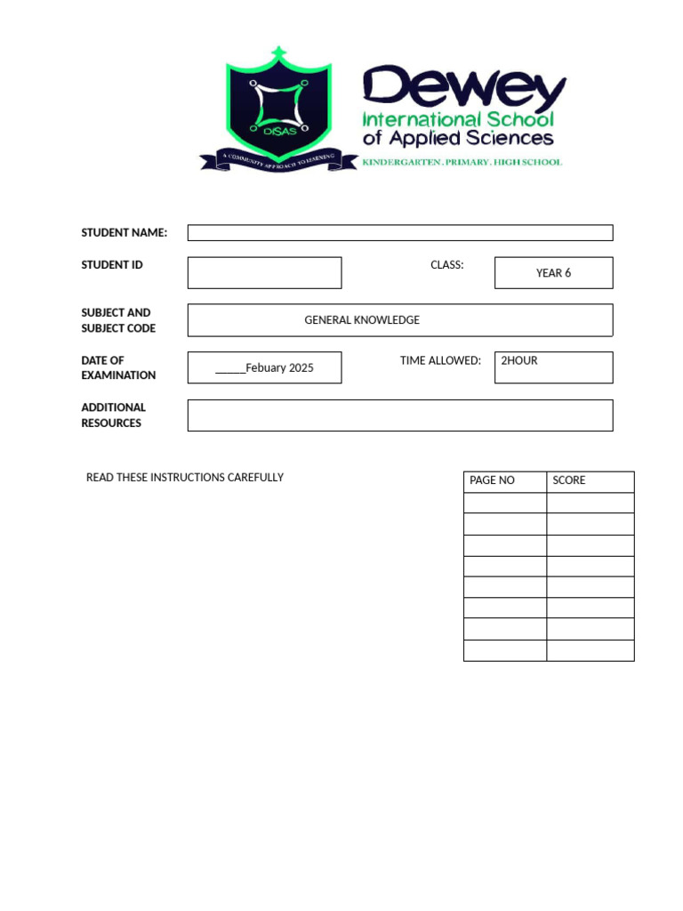 Year 6 General Knowledge Exam Guide | PDF