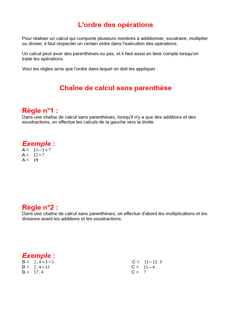 Règles de l'ordre des opérations | PDF