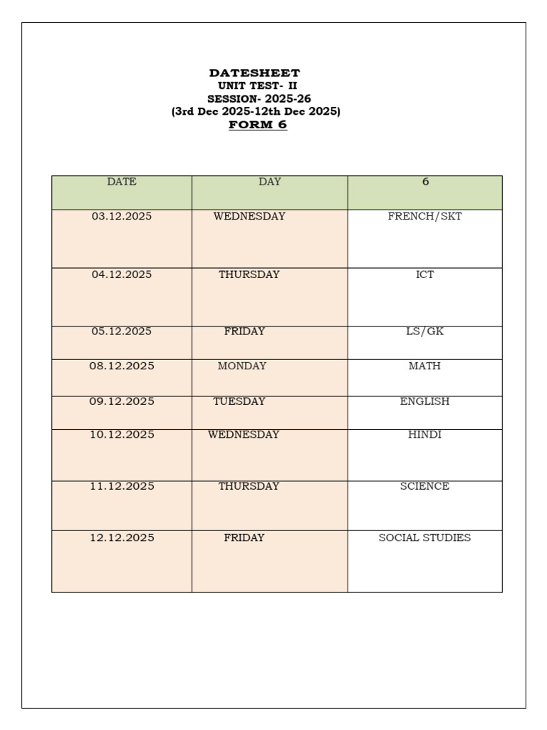 Unit Test II Datesheet 2025-26 | PDF | Multiple Choice