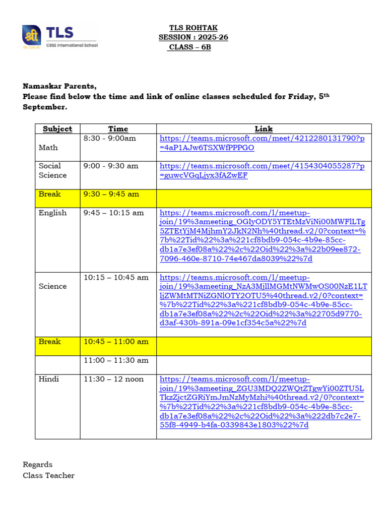 Class 6B Online Schedule 2025-26 | PDF