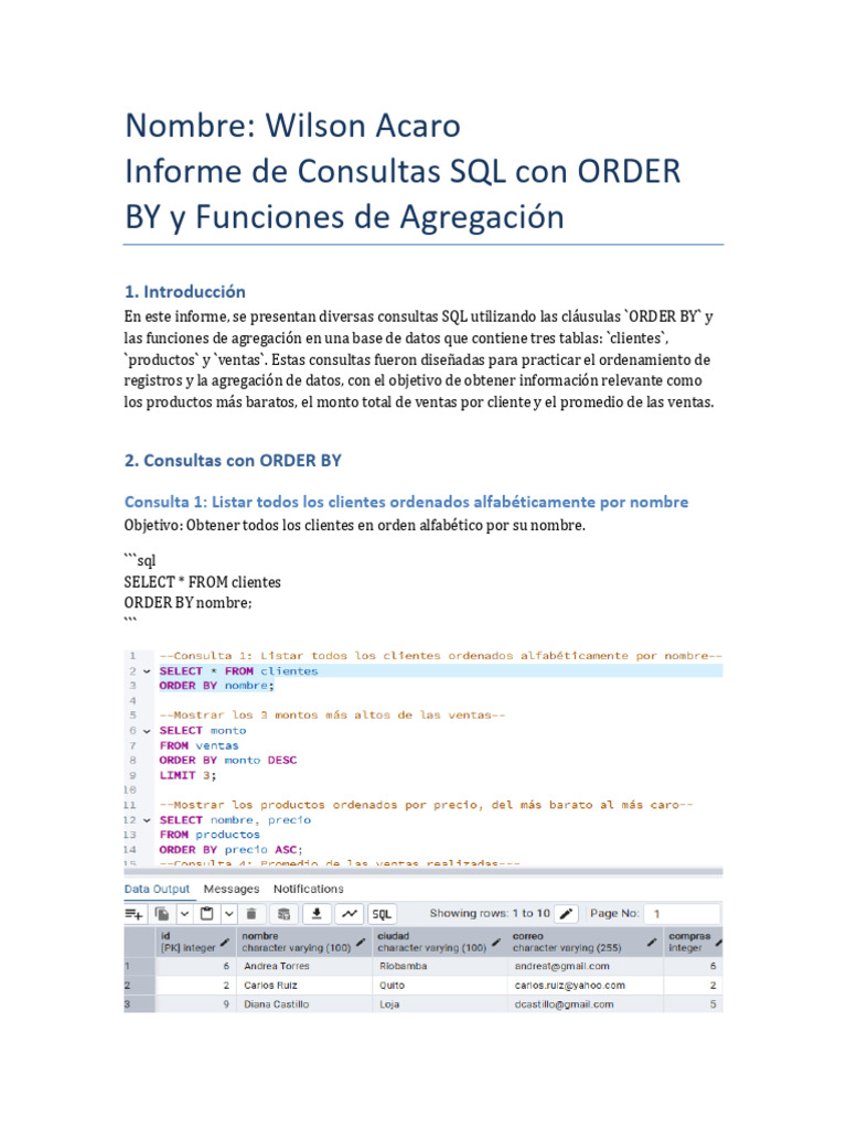 Consultas SQL: ORDER BY y Agregación | PDF | SQL | Gestión de datos