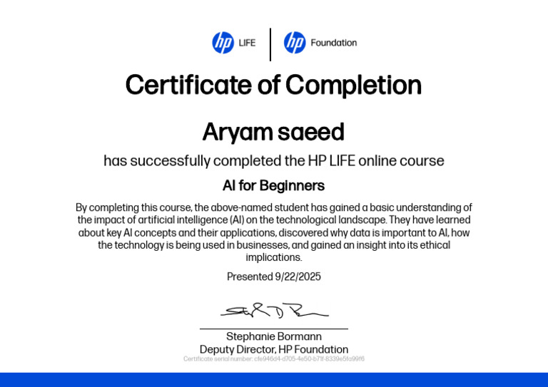 HP LIFE AI for Beginners Certificate | PDF