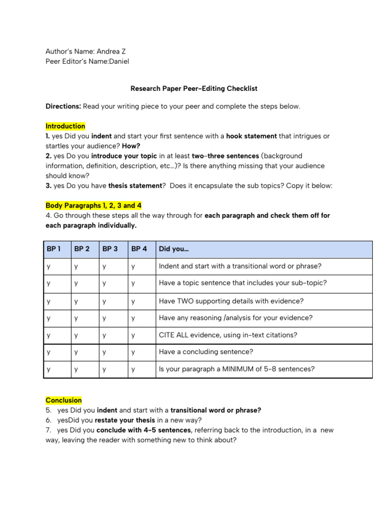 Peer Editing Checklist for Research Papers | PDF