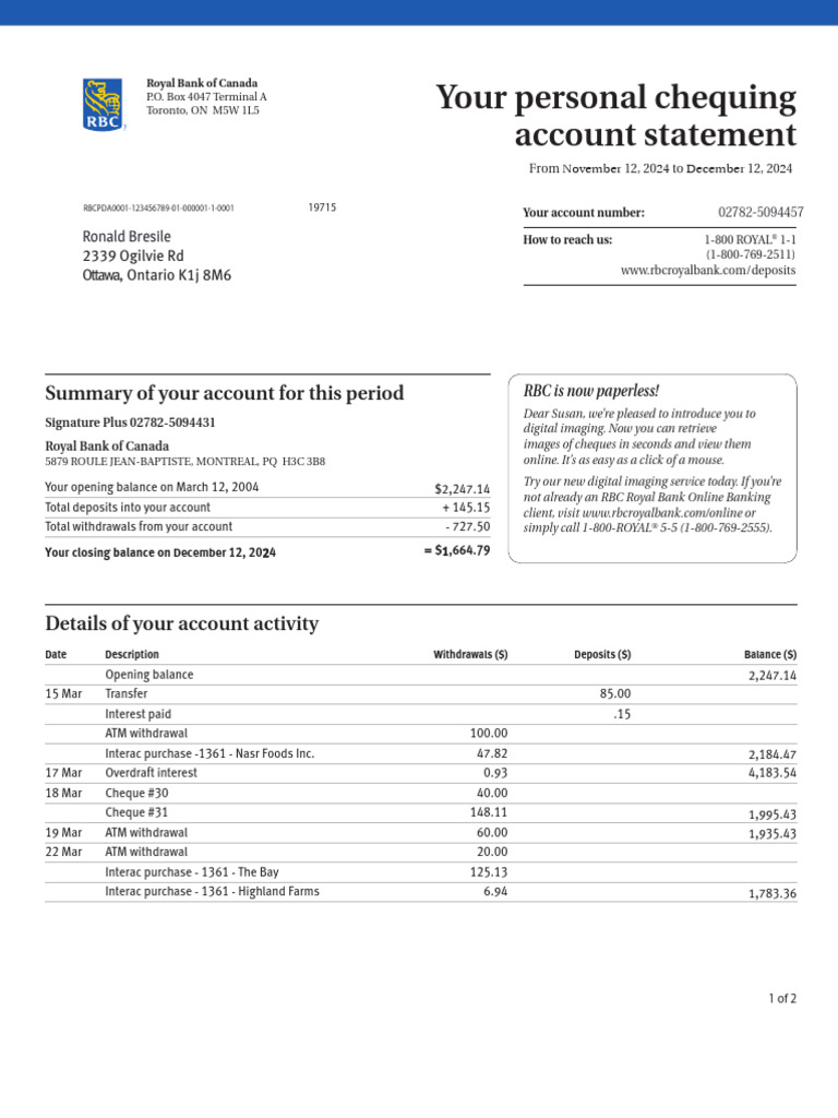 RBC Personal Chequing Statement Summary | PDF | Corporate Jargon | Banks
