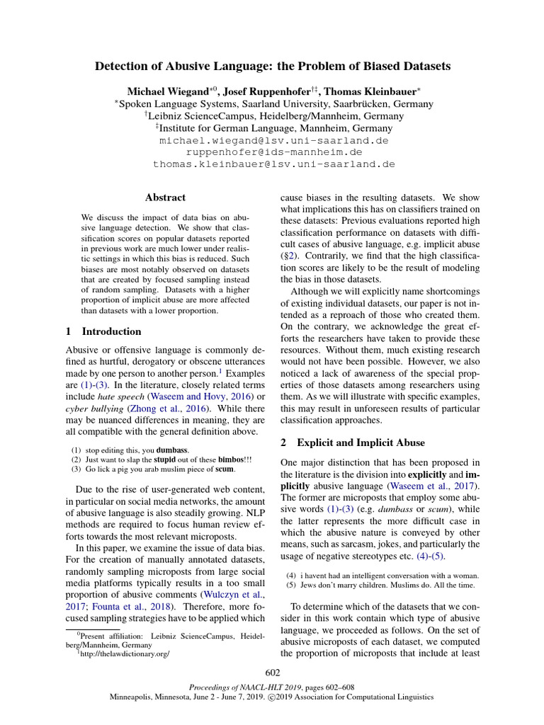 Detection of Abusive Language The Problem of Biased Datasets | PDF ...
