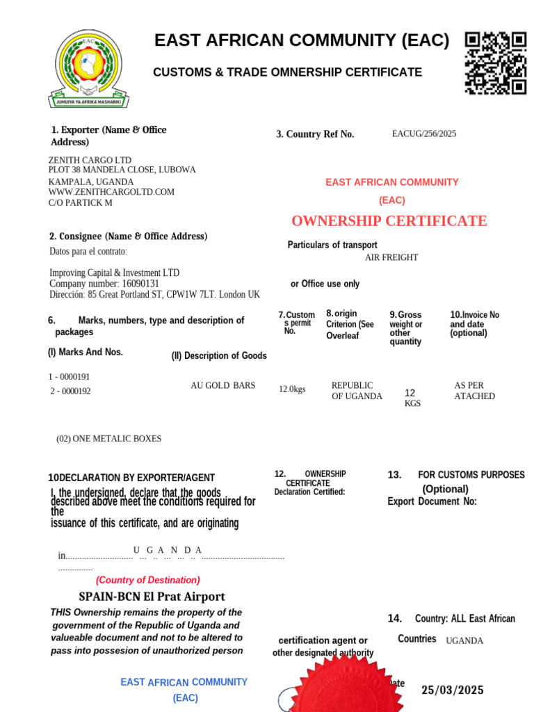 EAC Customs Ownership Certificate 2025 | PDF | Supply Chain Management ...
