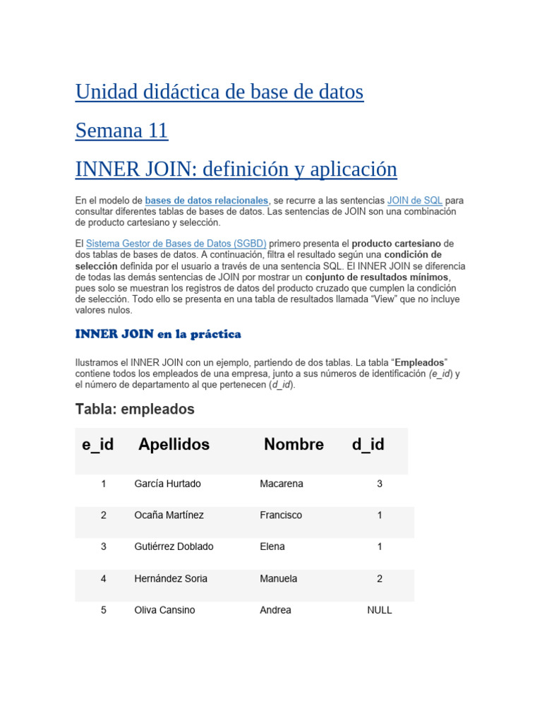 INNER JOIN en Bases de Datos SQL | PDF | Base de datos relacional ...
