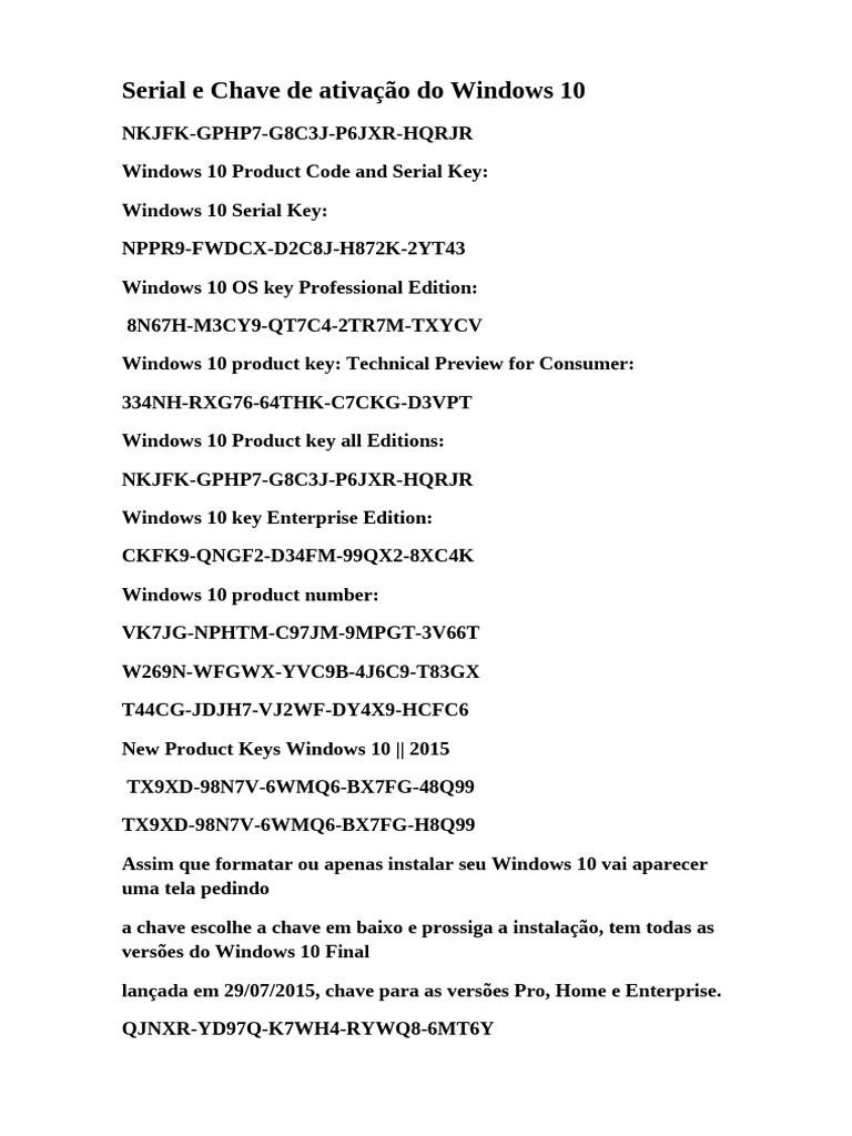 Windows 10 Activation Keys List | PDF | Microsoft Windows | Software