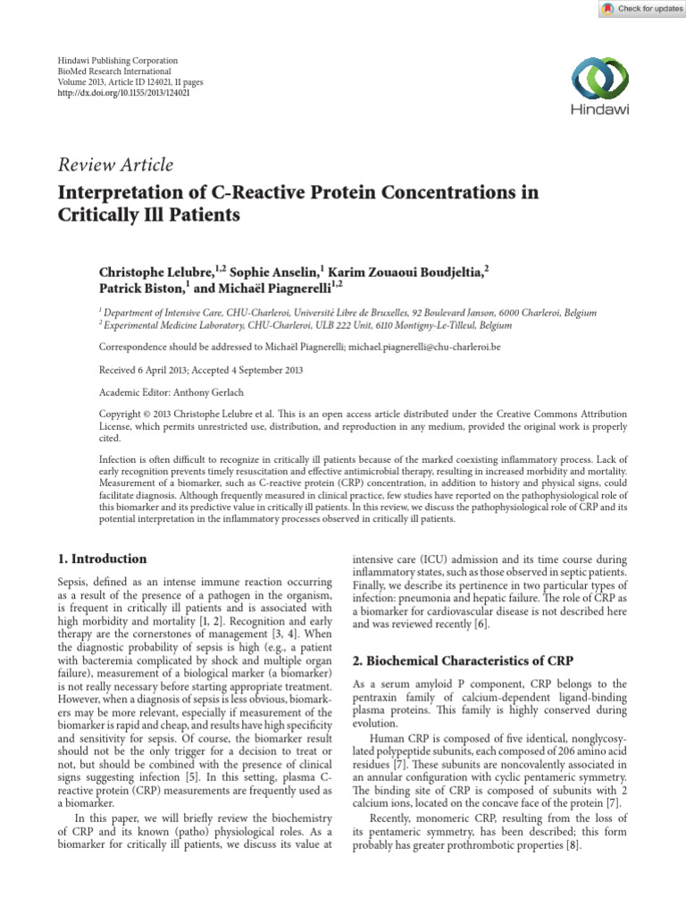 CRP in Critically Ill Patients: Insights | PDF | C Reactive Protein ...