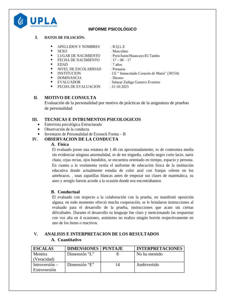 Informe Psicológico de Evaluación Infantil | PDF | Las emociones ...