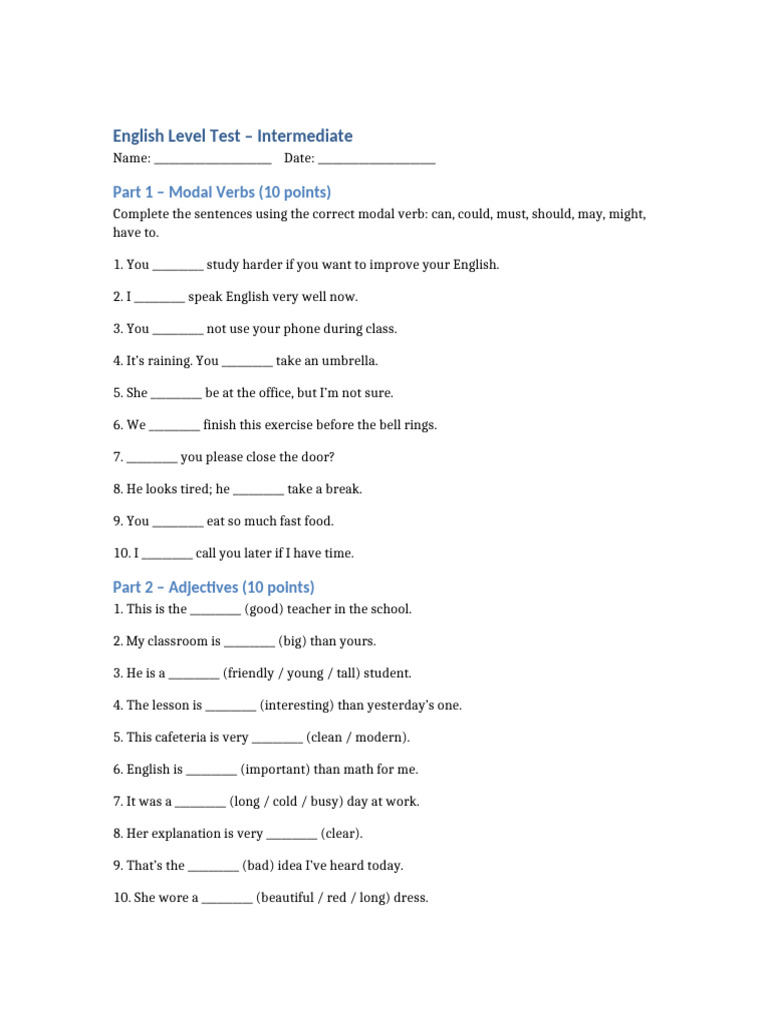 Intermediate English Level Test | PDF | English Language | Verb